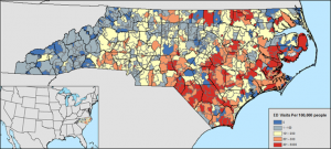 Heat-related illness (HRI) in North Carolina at the zip code scale from 2007 to 2012.